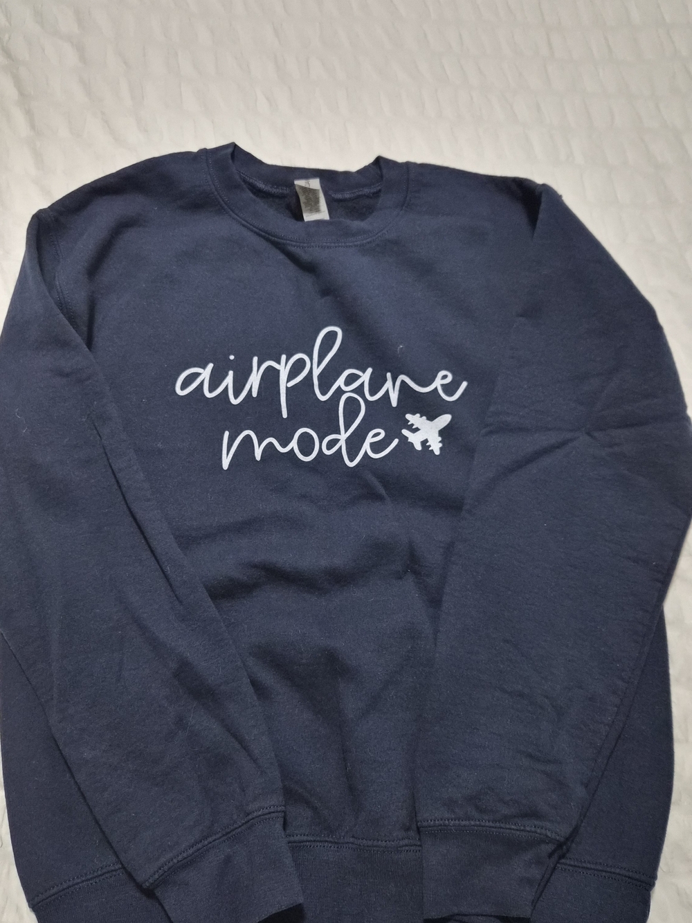 Gildan Navy Crewneck Sweatshirt with White "airplane mode" Script
